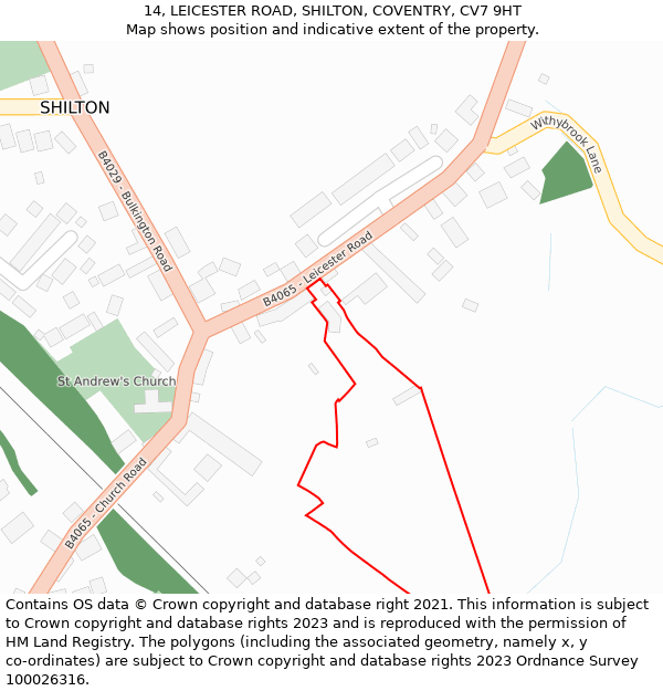 14, LEICESTER ROAD, SHILTON, COVENTRY, CV7 9HT: Location map and indicative extent of plot