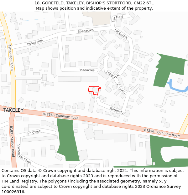 18, GOREFELD, TAKELEY, BISHOP'S STORTFORD, CM22 6TL: Location map and indicative extent of plot