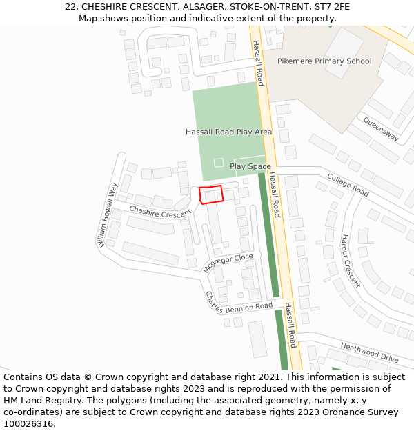 22, CHESHIRE CRESCENT, ALSAGER, STOKE-ON-TRENT, ST7 2FE: Location map and indicative extent of plot