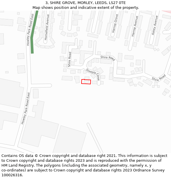 3, SHIRE GROVE, MORLEY, LEEDS, LS27 0TE: Location map and indicative extent of plot