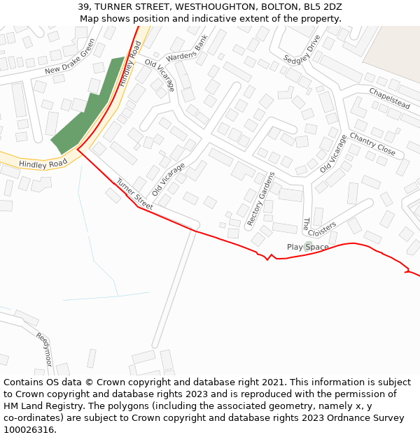 39, TURNER STREET, WESTHOUGHTON, BOLTON, BL5 2DZ: Location map and indicative extent of plot