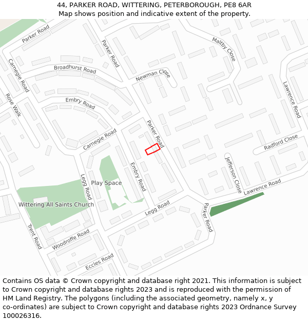 44, PARKER ROAD, WITTERING, PETERBOROUGH, PE8 6AR: Location map and indicative extent of plot