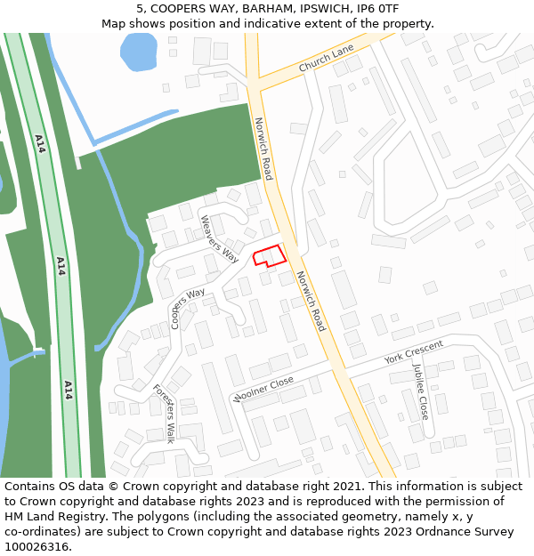 5, COOPERS WAY, BARHAM, IPSWICH, IP6 0TF: Location map and indicative extent of plot