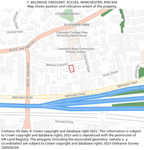 7, BELGRAVE CRESCENT, ECCLES, MANCHESTER, M30 9AE: Location map and indicative extent of plot