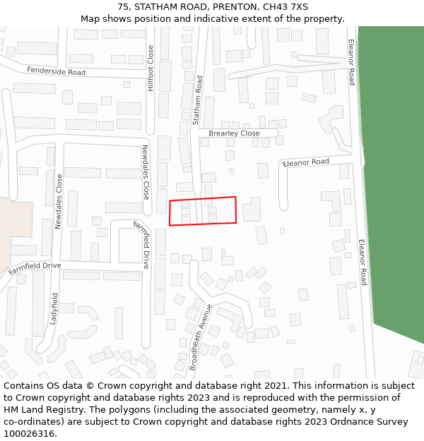 75, STATHAM ROAD, PRENTON, CH43 7XS: Location map and indicative extent of plot