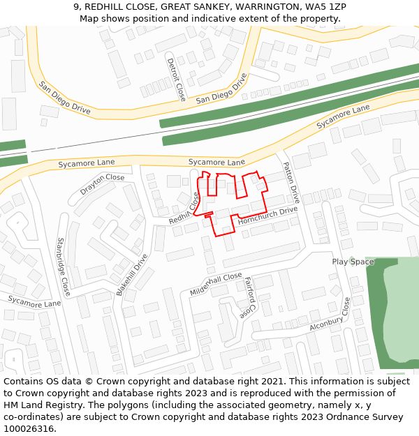 9, REDHILL CLOSE, GREAT SANKEY, WARRINGTON, WA5 1ZP: Location map and indicative extent of plot