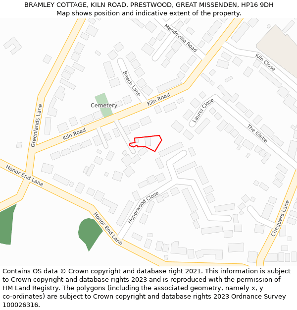 BRAMLEY COTTAGE, KILN ROAD, PRESTWOOD, GREAT MISSENDEN, HP16 9DH: Location map and indicative extent of plot