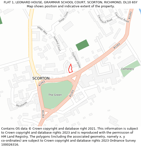 FLAT 1, LEONARD HOUSE, GRAMMAR SCHOOL COURT, SCORTON, RICHMOND, DL10 6SY: Location map and indicative extent of plot