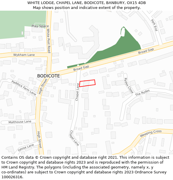 WHITE LODGE, CHAPEL LANE, BODICOTE, BANBURY, OX15 4DB: Location map and indicative extent of plot