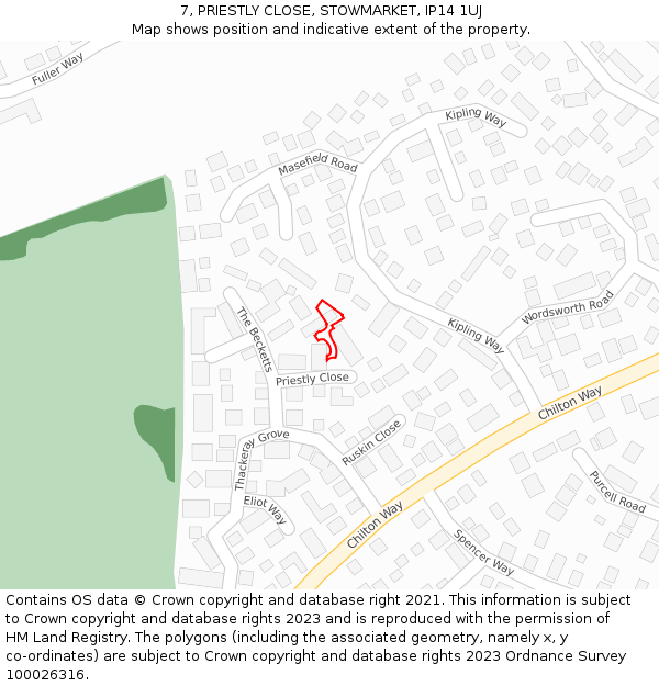 7, PRIESTLY CLOSE, STOWMARKET, IP14 1UJ: Location map and indicative extent of plot