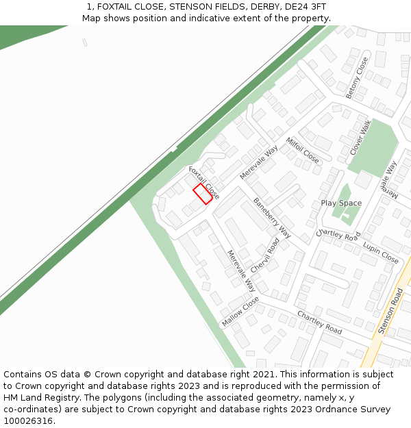 1, FOXTAIL CLOSE, STENSON FIELDS, DERBY, DE24 3FT: Location map and indicative extent of plot