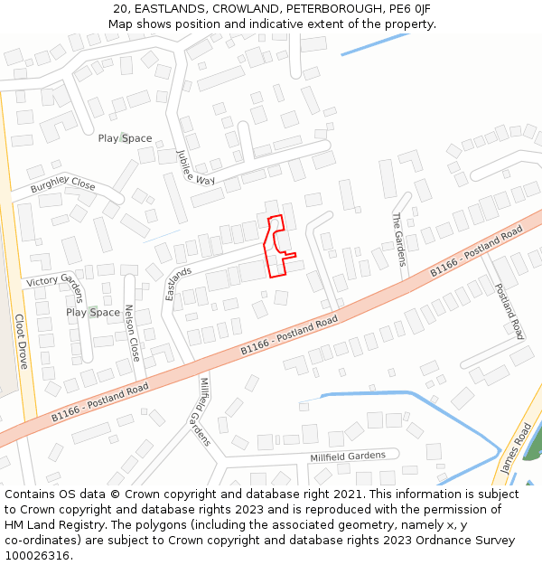 20, EASTLANDS, CROWLAND, PETERBOROUGH, PE6 0JF: Location map and indicative extent of plot
