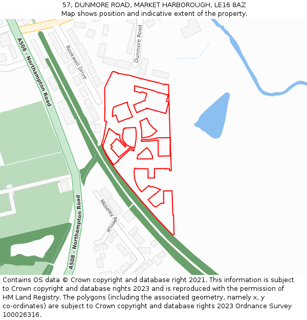 57, DUNMORE ROAD, MARKET HARBOROUGH, LE16 8AZ: Location map and indicative extent of plot