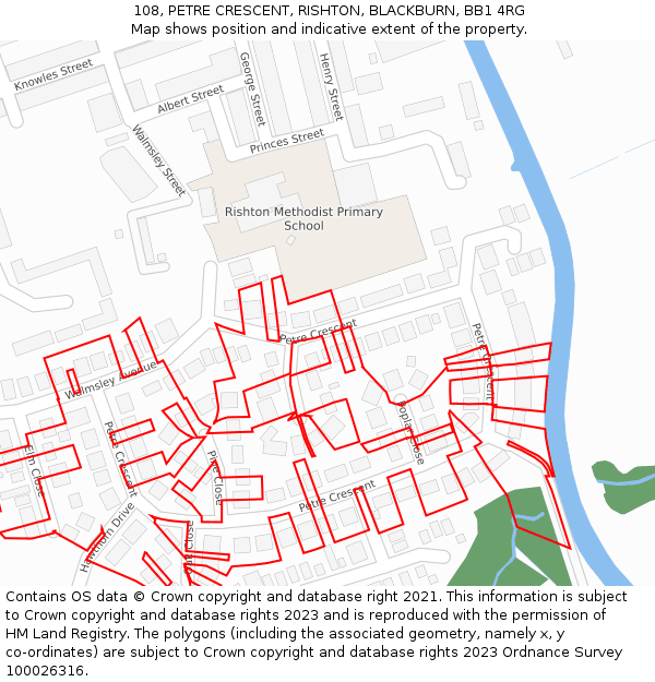 108, PETRE CRESCENT, RISHTON, BLACKBURN, BB1 4RG: Location map and indicative extent of plot