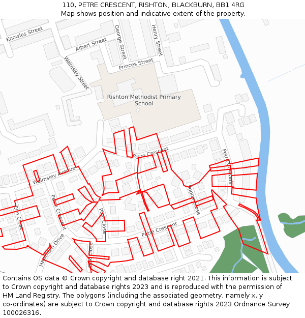 110, PETRE CRESCENT, RISHTON, BLACKBURN, BB1 4RG: Location map and indicative extent of plot