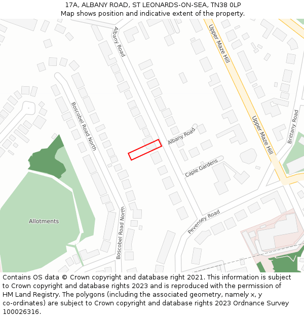 17A, ALBANY ROAD, ST LEONARDS-ON-SEA, TN38 0LP: Location map and indicative extent of plot