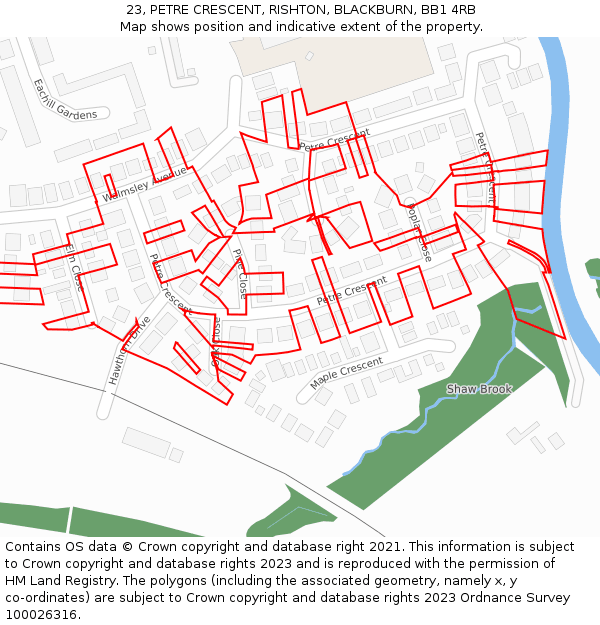 23, PETRE CRESCENT, RISHTON, BLACKBURN, BB1 4RB: Location map and indicative extent of plot