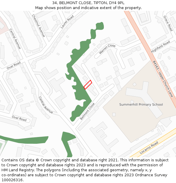 34, BELMONT CLOSE, TIPTON, DY4 9PL: Location map and indicative extent of plot