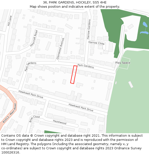 36, PARK GARDENS, HOCKLEY, SS5 4HE: Location map and indicative extent of plot