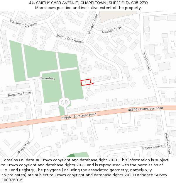 44, SMITHY CARR AVENUE, CHAPELTOWN, SHEFFIELD, S35 2ZQ: Location map and indicative extent of plot