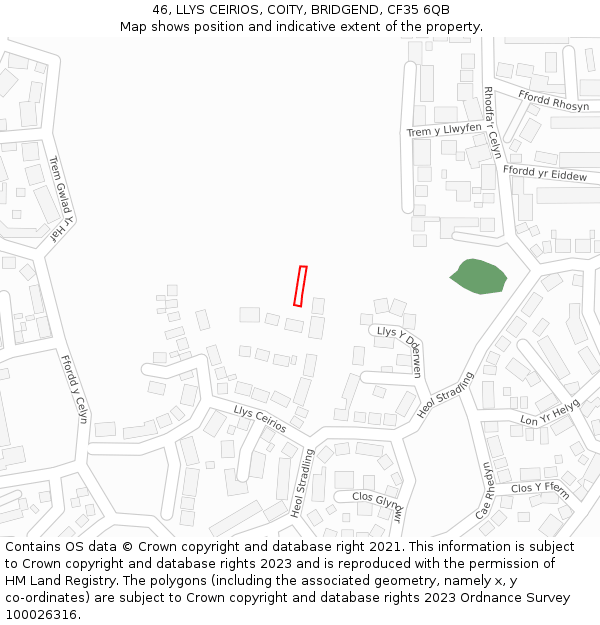 46, LLYS CEIRIOS, COITY, BRIDGEND, CF35 6QB: Location map and indicative extent of plot