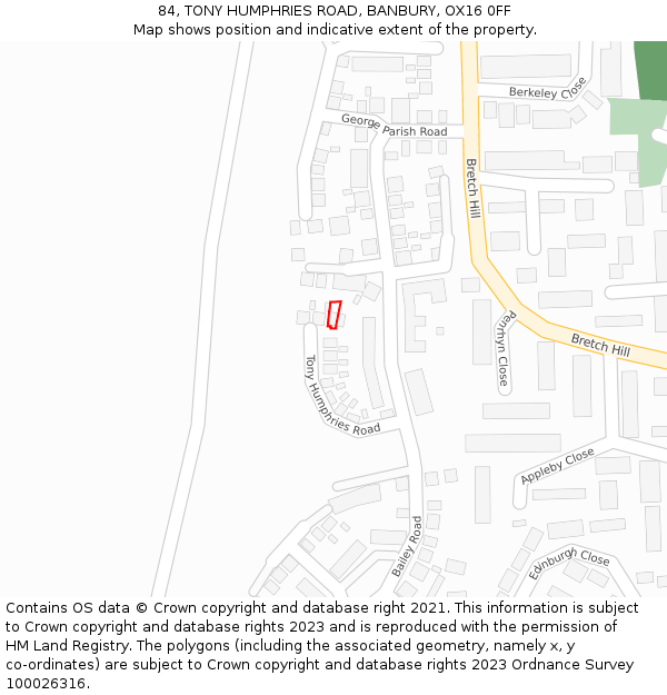 84, TONY HUMPHRIES ROAD, BANBURY, OX16 0FF: Location map and indicative extent of plot