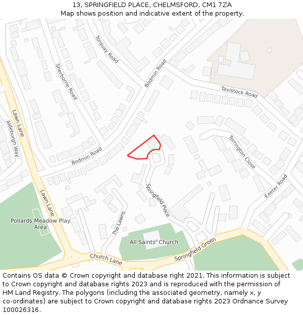 13, SPRINGFIELD PLACE, CHELMSFORD, CM1 7ZA: Location map and indicative extent of plot