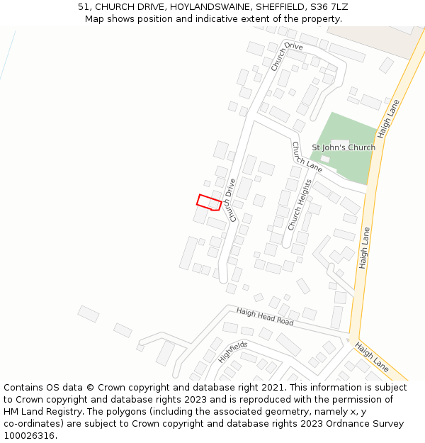 51, CHURCH DRIVE, HOYLANDSWAINE, SHEFFIELD, S36 7LZ: Location map and indicative extent of plot