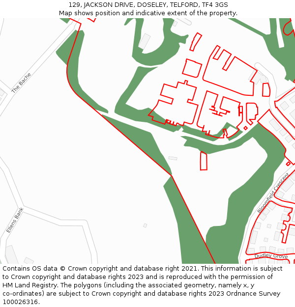 129, JACKSON DRIVE, DOSELEY, TELFORD, TF4 3GS: Location map and indicative extent of plot