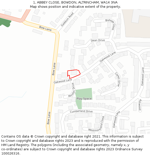 1, ABBEY CLOSE, BOWDON, ALTRINCHAM, WA14 3NA: Location map and indicative extent of plot