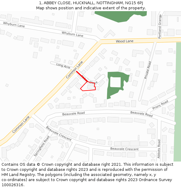 1, ABBEY CLOSE, HUCKNALL, NOTTINGHAM, NG15 6PJ: Location map and indicative extent of plot
