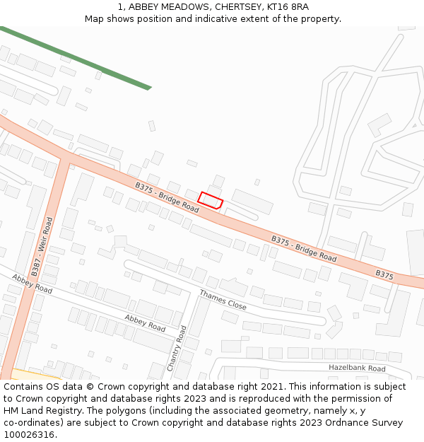 1, ABBEY MEADOWS, CHERTSEY, KT16 8RA: Location map and indicative extent of plot