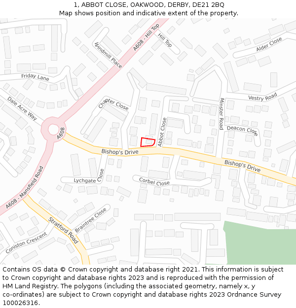 1, ABBOT CLOSE, OAKWOOD, DERBY, DE21 2BQ: Location map and indicative extent of plot