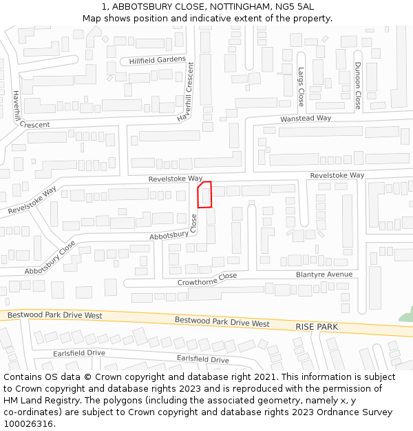 1, ABBOTSBURY CLOSE, NOTTINGHAM, NG5 5AL: Location map and indicative extent of plot