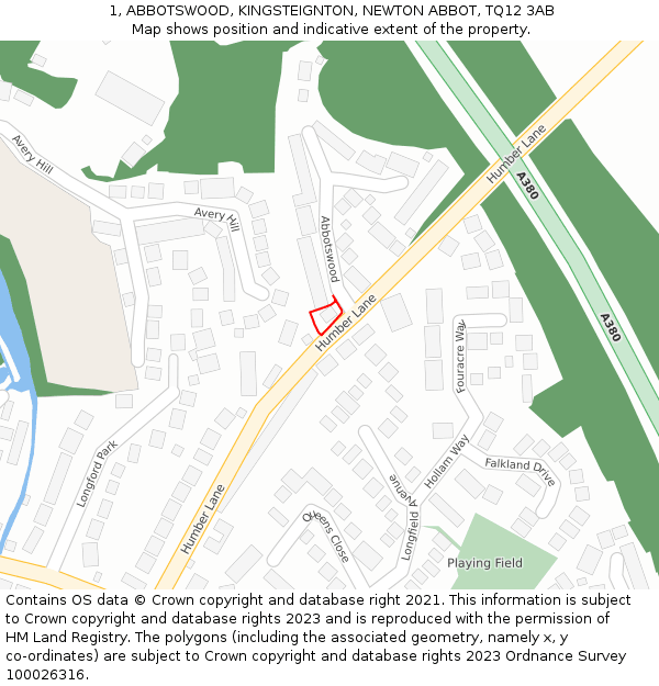 1, ABBOTSWOOD, KINGSTEIGNTON, NEWTON ABBOT, TQ12 3AB: Location map and indicative extent of plot