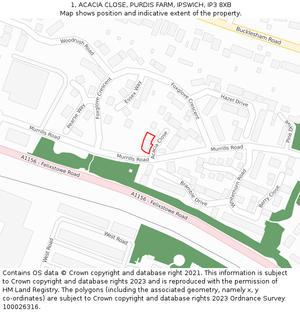 1, ACACIA CLOSE, PURDIS FARM, IPSWICH, IP3 8XB: Location map and indicative extent of plot