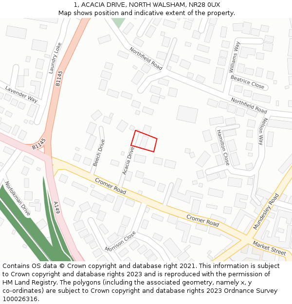 1, ACACIA DRIVE, NORTH WALSHAM, NR28 0UX: Location map and indicative extent of plot