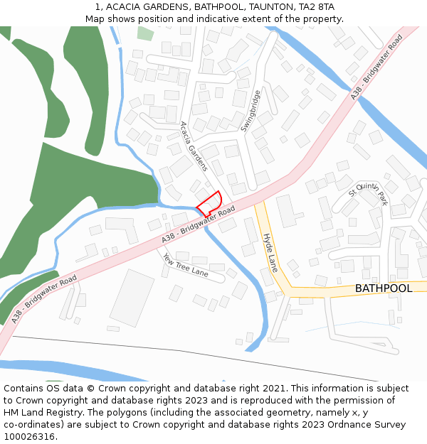 1, ACACIA GARDENS, BATHPOOL, TAUNTON, TA2 8TA: Location map and indicative extent of plot