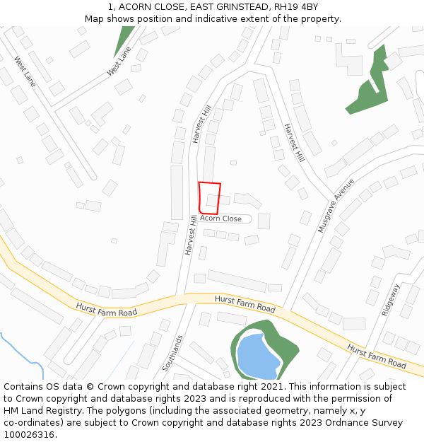 1, ACORN CLOSE, EAST GRINSTEAD, RH19 4BY: Location map and indicative extent of plot