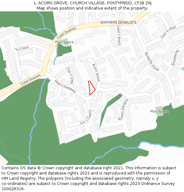 1, ACORN GROVE, CHURCH VILLAGE, PONTYPRIDD, CF38 2AJ: Location map and indicative extent of plot