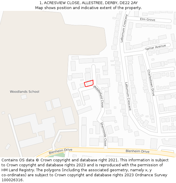 1, ACRESVIEW CLOSE, ALLESTREE, DERBY, DE22 2AY: Location map and indicative extent of plot