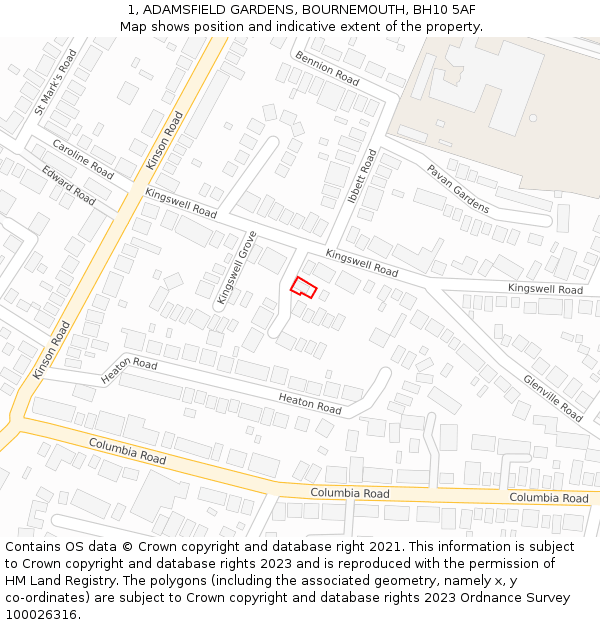 1, ADAMSFIELD GARDENS, BOURNEMOUTH, BH10 5AF: Location map and indicative extent of plot