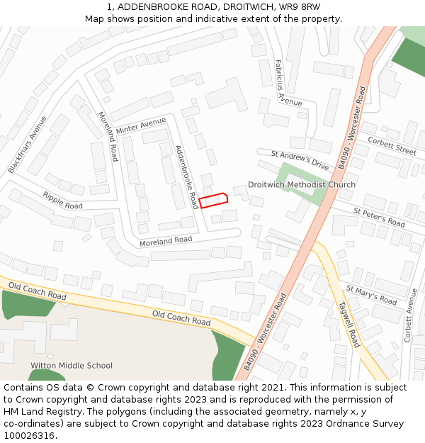 1, ADDENBROOKE ROAD, DROITWICH, WR9 8RW: Location map and indicative extent of plot