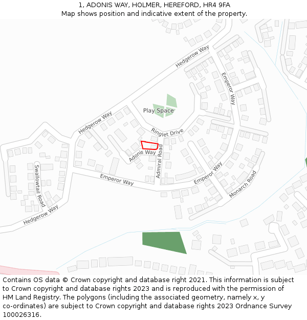 1, ADONIS WAY, HOLMER, HEREFORD, HR4 9FA: Location map and indicative extent of plot