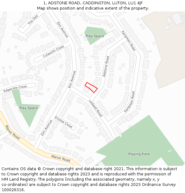 1, ADSTONE ROAD, CADDINGTON, LUTON, LU1 4JF: Location map and indicative extent of plot