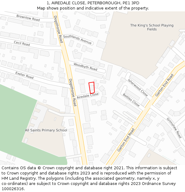 1, AIREDALE CLOSE, PETERBOROUGH, PE1 3PD: Location map and indicative extent of plot