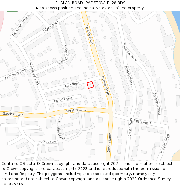 1, ALAN ROAD, PADSTOW, PL28 8DS: Location map and indicative extent of plot