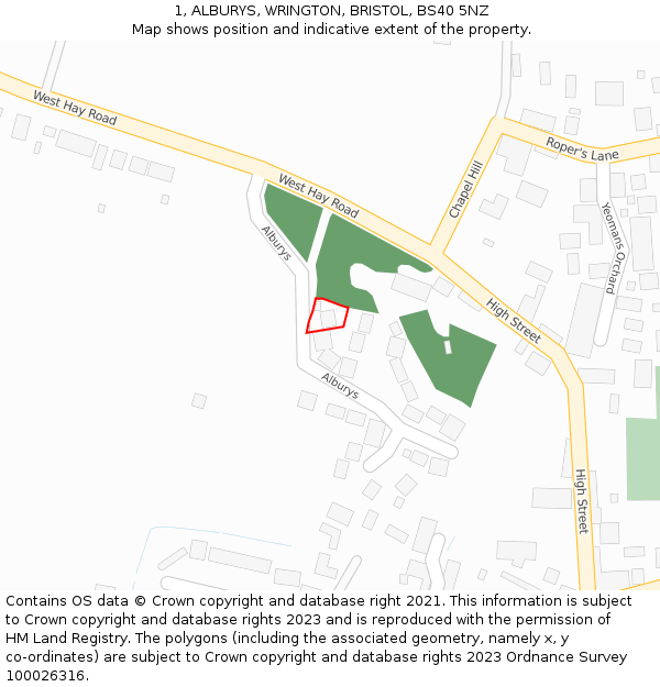 1, ALBURYS, WRINGTON, BRISTOL, BS40 5NZ: Location map and indicative extent of plot
