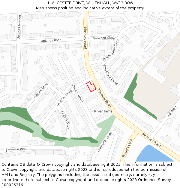 1, ALCESTER DRIVE, WILLENHALL, WV13 3QW: Location map and indicative extent of plot