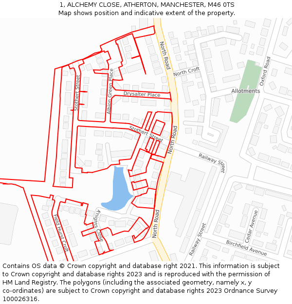 1, ALCHEMY CLOSE, ATHERTON, MANCHESTER, M46 0TS: Location map and indicative extent of plot